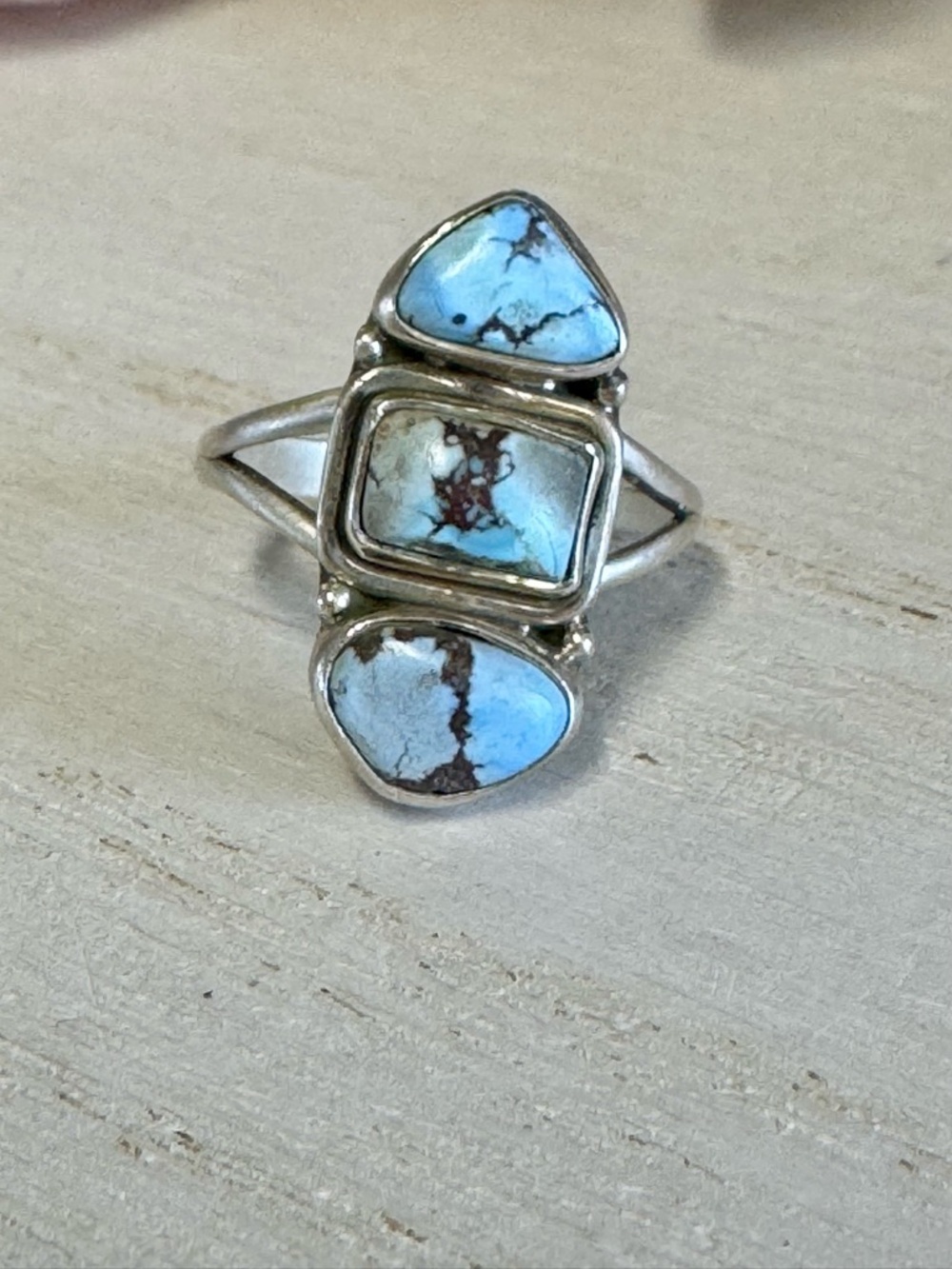 Golden Hills Turquoise Sterling Silver Triple Stone Ring - Southwest - Size 7.25